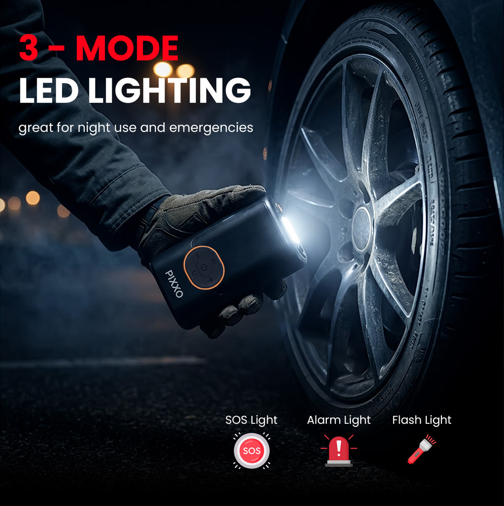 Pixxo Pump Portable Tyre Inflator, (4000mAh Battery +12V Car Port), 150PSI Air Compressor for Cars, Bikes, Motorcycles, Balls