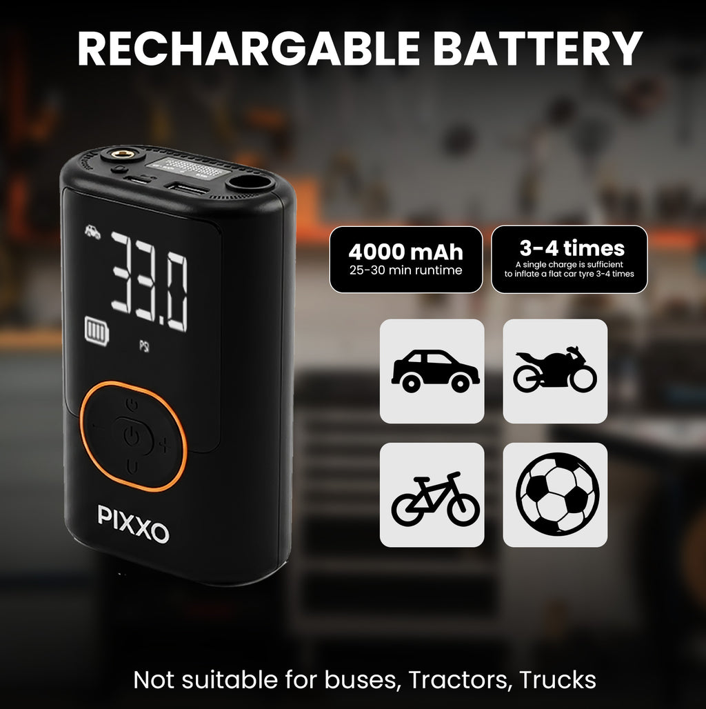 Pixxo Pump Portable Tyre Inflator, (4000mAh Battery +12V Car Port), 150PSI Air Compressor for Cars, Bikes, Motorcycles, Balls