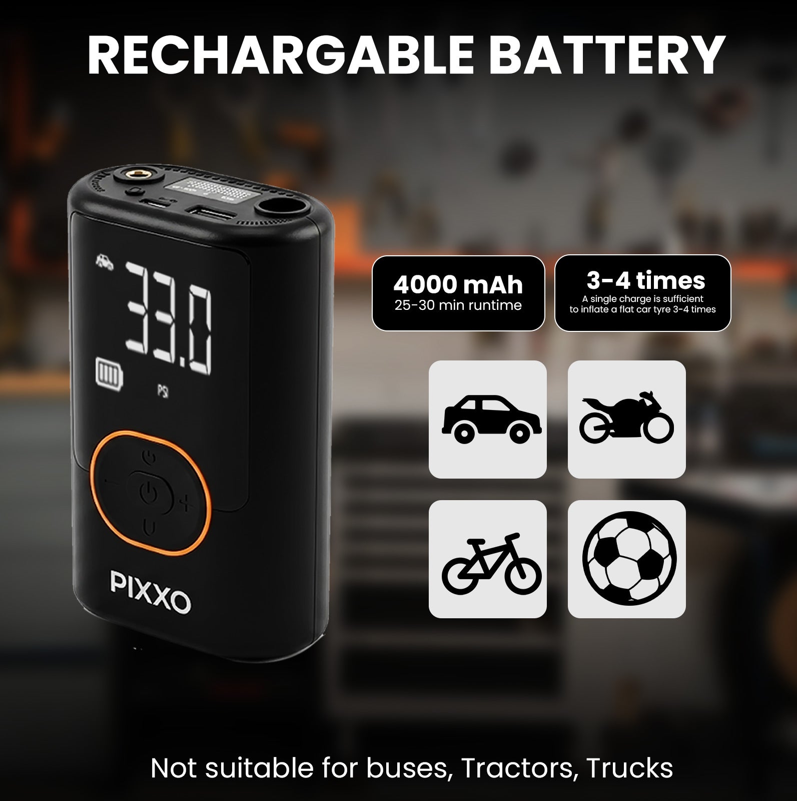 Pixxo Pump Portable Tyre Inflator, (4000mAh Battery +12V Car Port), 150PSI Air Compressor for Cars, Bikes, Motorcycles, Balls