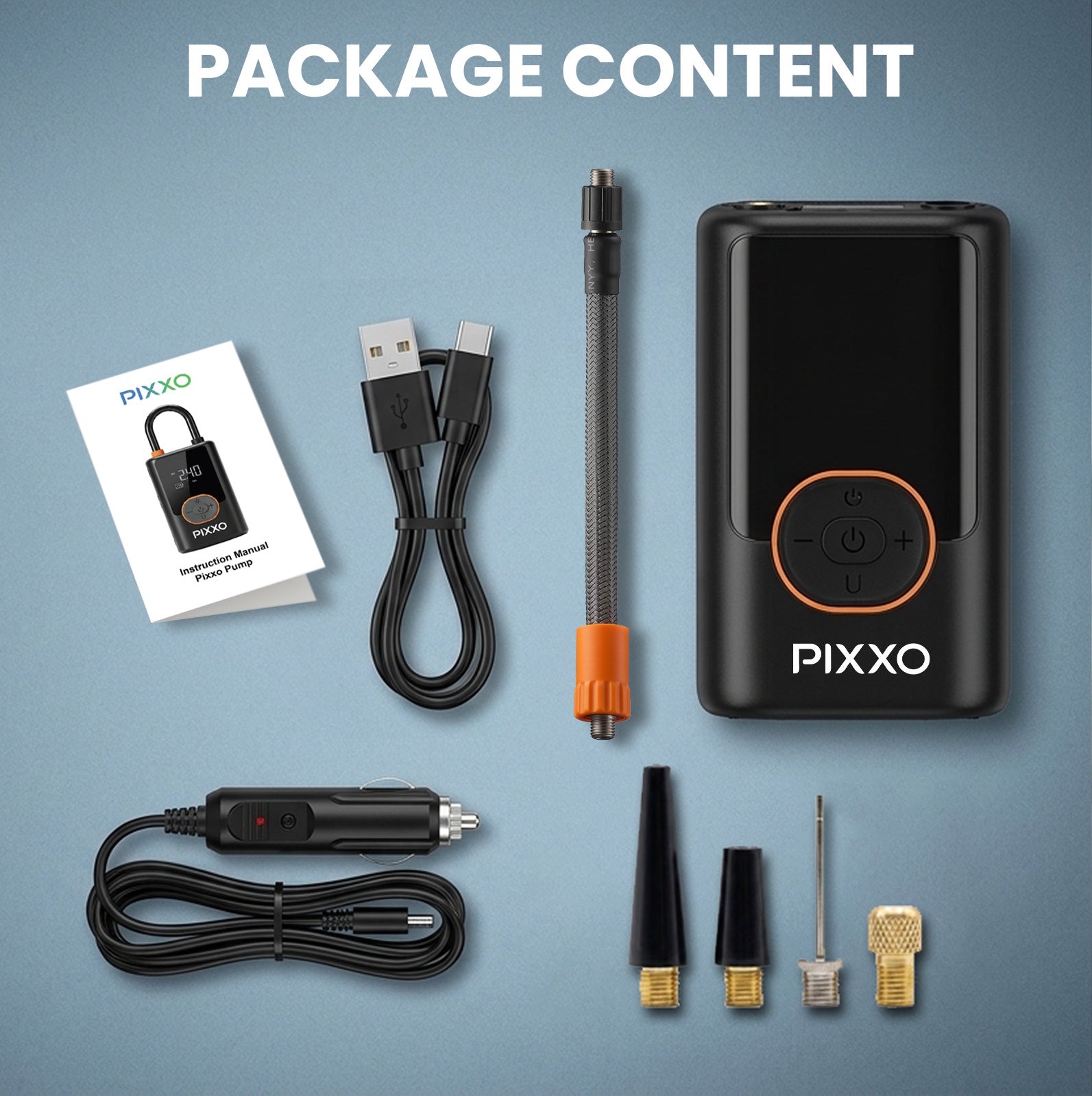 Pixxo Pump Portable Tyre Inflator, (4000mAh Battery +12V Car Port), 150PSI Air Compressor for Cars, Bikes, Motorcycles, Balls
