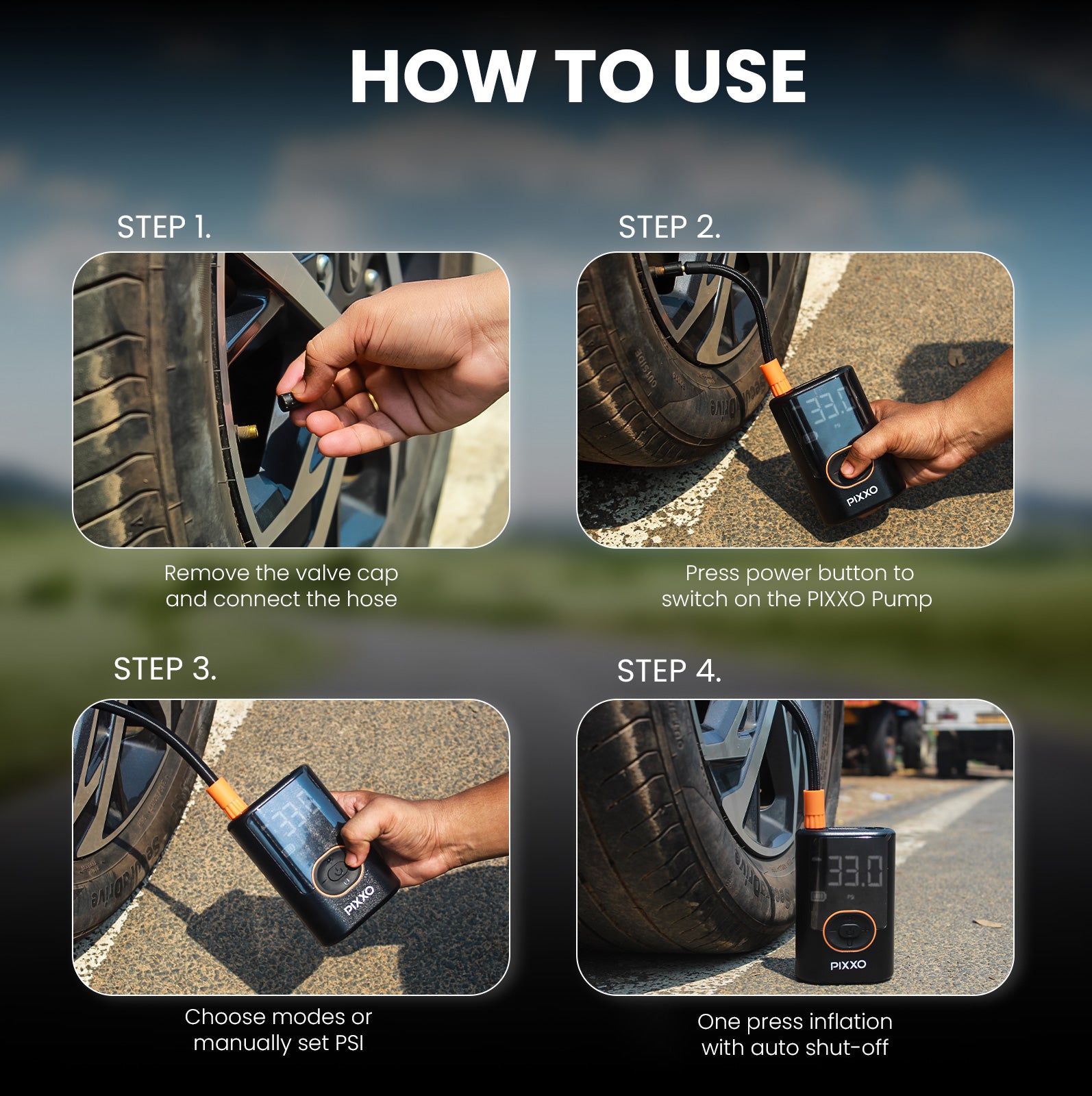 Pixxo Pump Portable Tyre Inflator, (4000mAh Battery +12V Car Port), 150PSI Air Compressor for Cars, Bikes, Motorcycles, Balls